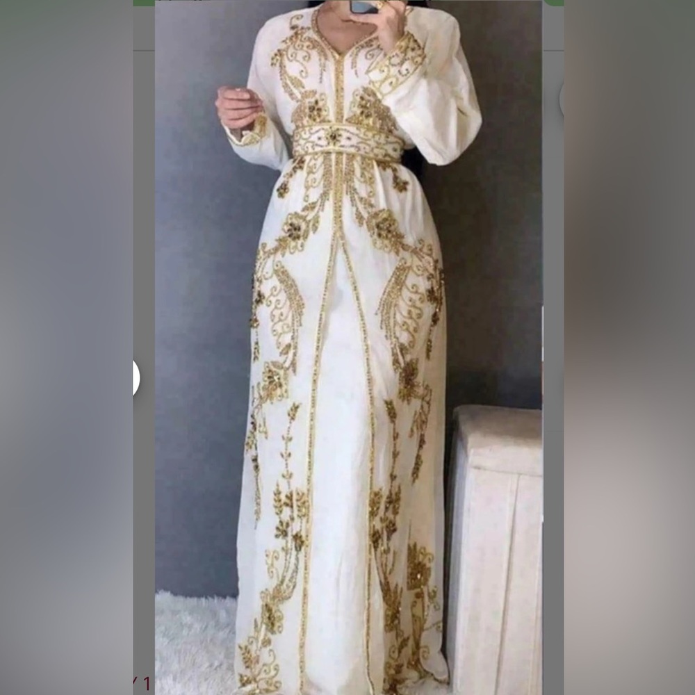 NWOT White and Gold Kaftan Dress with Matching Belt and Scarf